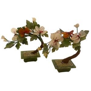 Set of 2 Small Hand Carved Chinese Jade & Semiprecious Stone Flower Bonsai Tree